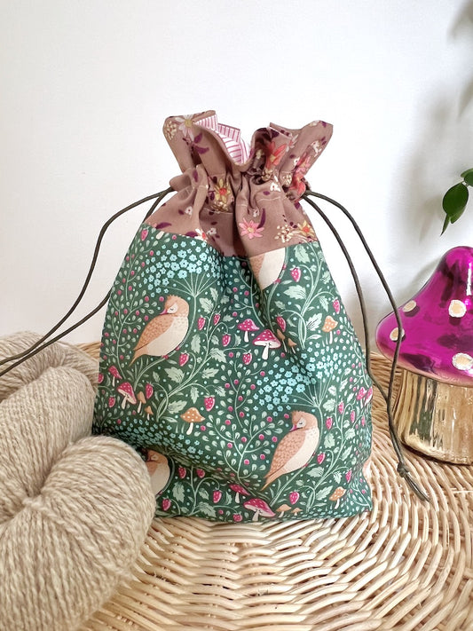 Sweet & Simple Drawstring Project Bag - Tilda Green Bedtime Birds